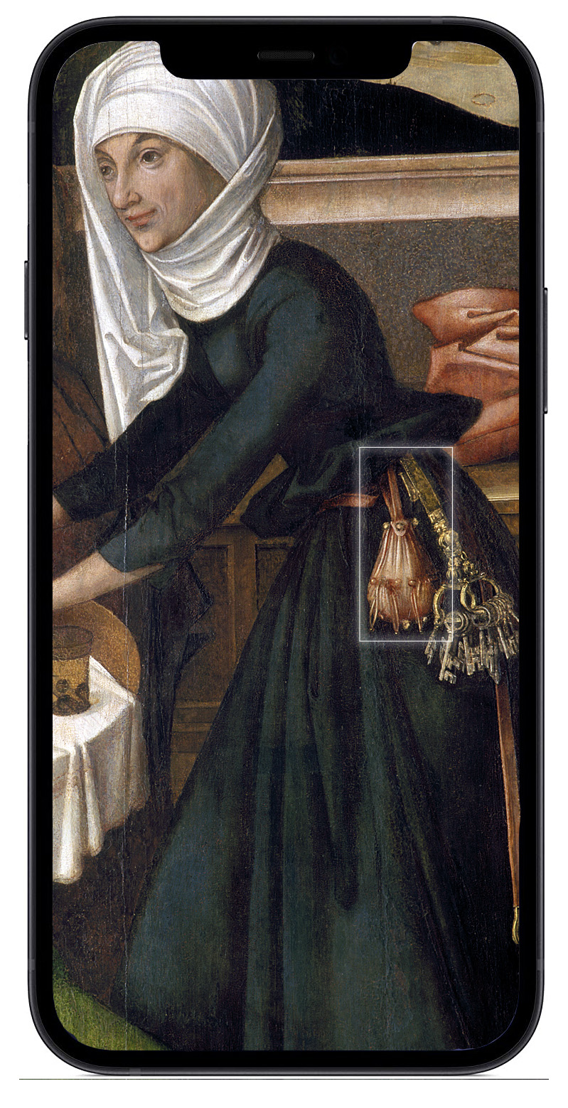 Frau mit dunklblauem Gewand, weißem Schleier, einer Gürteltasche und einem am Gürtel hängenden großen Schlüsselbund